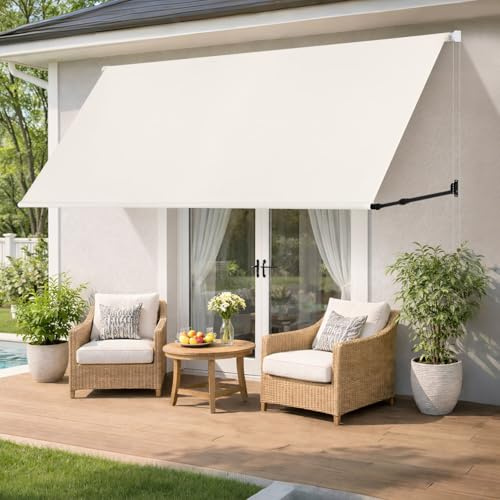 Jaxguom Markise Fallarmmarkise einziehbar 300x150cm, Stützarm 70-120cm verstellbar, 2m Perlenkette, Wandmontage, Sonnenschutz & Windschutz für Balkon Terrasse Garten, Beige