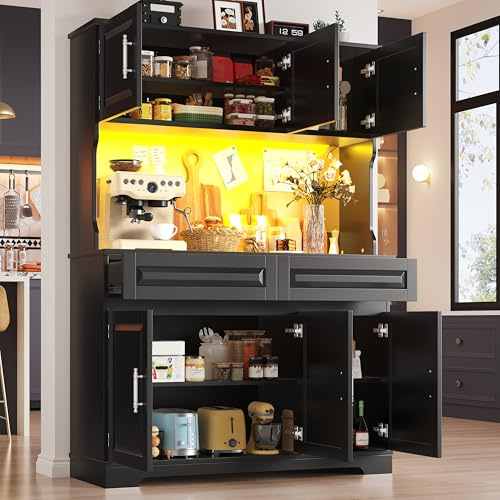 ACAGALA küchenschrank Hochschrank mit LED Beleuchtung, Buffetschrank mit verstellbare Einlegeböden und Arbeitsfläche, 6 Türen 2 Schubladen, für Küche Esszimmer Wohnzimmer, 108x40x180cm, Schwarz
