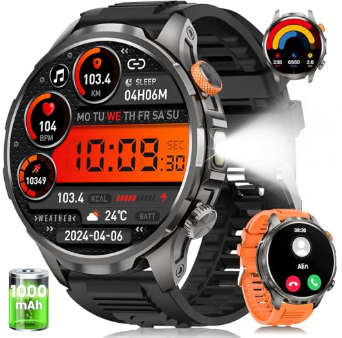 BANLVS Smartwatch Herren Militär mit 1000mAh und LED Taschenlampen (Orange) | 1,91 AMOLED Display, 5ATM Wasserdicht, 110+ Sportmodi, Telefonfunktion, 24h Herzfrequenz, Schlaf, SpO2, Android iOS
