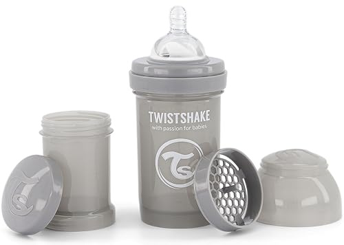 Twistshake Biberón Anti-cólicos con Tetina Flujo Lento de Silicona para Bebés, Alimentación Similar al Pecho, Botella para Beber de Leche, 180 ml, Sin BPA, 0+ Meses, Gris Pastel