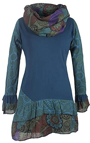 Vishes - Alternative Bekleidung - Damen Langarm Mandala Rüschen-Kleid mit Kapuzenschal türkis 36-38