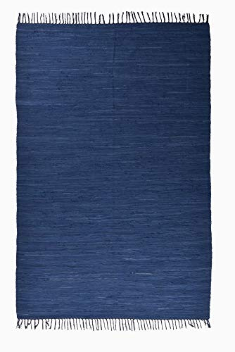 Theko Dhurry | Fleckerl | Flachgewebe-Teppich aus 100% Baumwolle; handgewebt, waschbar, beidseitig verwendbar | 120 x 180 cm; Blau | Happy Cotton