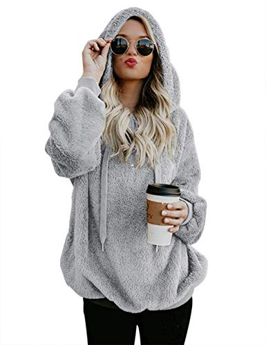iWoo Sudadera de forro polar para mujer, casual, doble mullida, con capucha, color liso, cálida, elegante, cremallera de 1/4 y bolsillos, Sudadera con capucha gris claro, XL