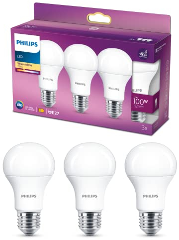 Philips LED Classic E27 Lampen 3-er Pack (100 W), matte LED Lampen mit warmweißem Licht, energiesparende Lampen mit langer Nutzlebensdauer, alte Generation