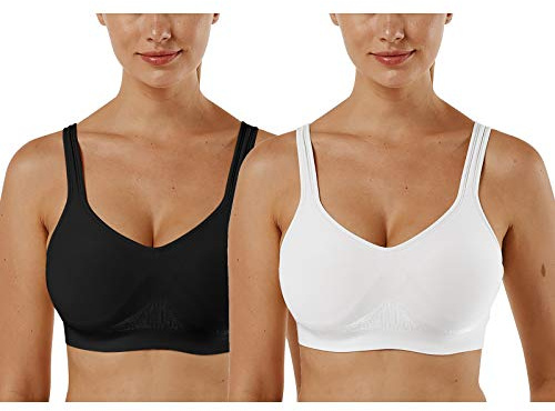 Vertvie Dam 1/2/3 set med enfärgad sportbehå utan bygel, bustier i klassisk modell och bekväm stretch, bh med medium stöd, vadderad må-bra-bh, Svart + vit, L