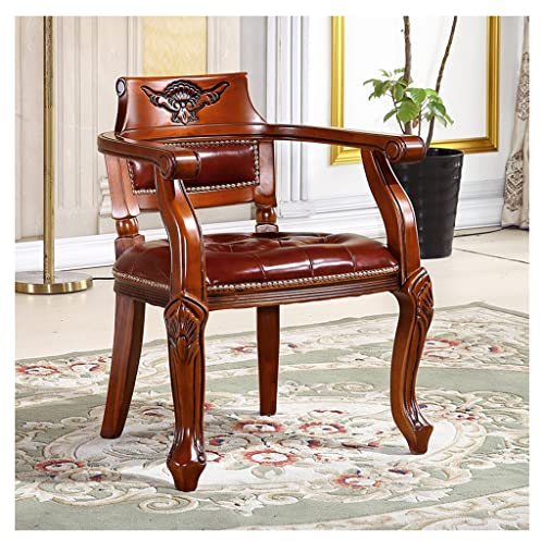 DUNAKE Stuhl Esszimmer, Lesesessel Leder, Mid-Century Rindsleder Akzent Stuhl Mit Geschnitzten Armlehnen Bequeme Ohrensessel Mit Rückenlehne Für Wohnzimmer Schlafzimmer Ruhen Massives Hartholz
