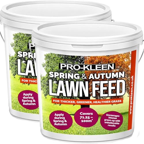 Pro-Kleen Spring and Autumn Lawn Feed NPK 6-5-11+6FE Iron - Lawn Fertiliser for Green Up & Plant Strength - Covers up to 200m2 - Prevents Disease & Lasts up to 6 Weeks (2 x 2.5kg)