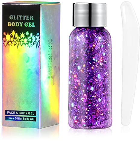 URAQT Body Glitter Gel, Chunky Glitter Gel, Body Lotion Glitzer,Violett | Flüssiger Lidschatten Meerjungfrau Pailletten Funkelnde für Gesicht Haare Lippen Nägel Make Up Kosmetik Festival Halloween