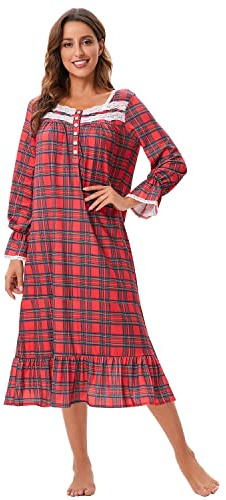 Verve Jelly Chemise de nuit pour femme vintage victorienne à manches longues, robe de nuit pyjama, robe d'intérieur légère et douce, Rouge à carreaux, XL