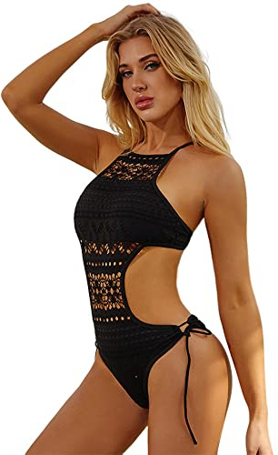 Dam sexig ihålig spets bikini overall med snörning baddräkt (svart, M)