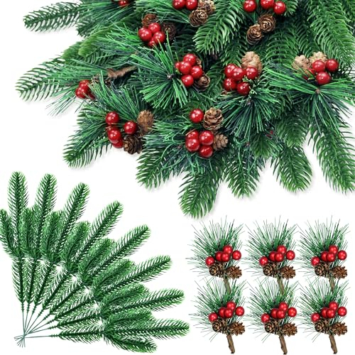 ROLLWAY 24 Pezzi Rami di Abete Decorativi, Rami di Pino Artificiale di Natale Pigne e Bacche Rosse Rami di Abete Artificiali Aghi di Pino di Natale per Ghirlanda Decorazioni Natalizie