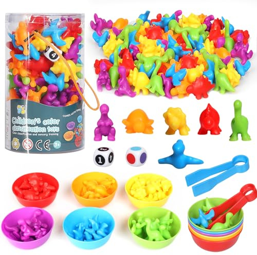 SAMISO Juguetes Montessori,48 Piezas Juguetes de Dinosaurios para Contar con Tazas y Pinzas,para Aprender a Contar Colores Habilidades motoras Finas,Juguetes Educativos para Niños 2 3 4 años