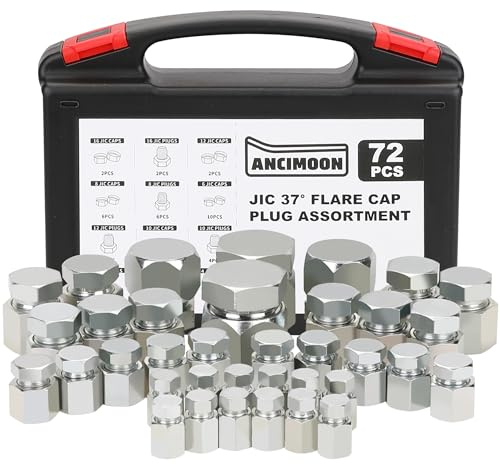 ANCIMOON 72-teiliges JIC-Kappen- und Stopfen-Set, 37-Grad-Flare-Gewinde, Hydraulikschlaucharmaturen, Karbonstahl, Größe 4, 6, 8, 10, 12, 16