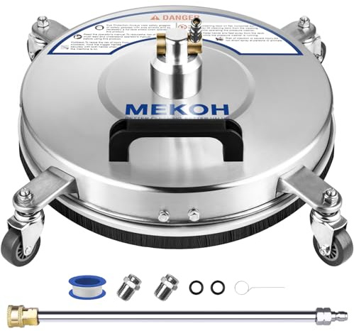 MEKOH Hochdruckreiniger-Oberflächenreiniger, 35,6 cm, 4500 PSI, 4 Räder, Edelstahl-Hochdruckreiniger-Aufsatz für Auffahrt, Gehweg, Terrasse, Beton, 1/4 Zoll Schnellanschluss, 1 Verlängerungsstab und 2