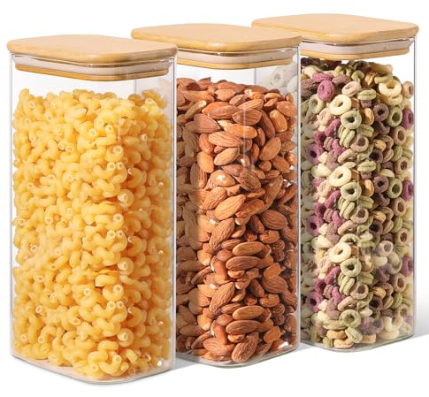 ComSaf 1,7 L Rechteckige Vorratsgläser mit Deckel 3er Set, Vorratsdosen Glas mit Deckel Eckig, Glasbehälter zur Aufbewahrung Küchenzutaten, Verratsgläser für Zucker, Nudeln, Reis, Mehl, Pasta