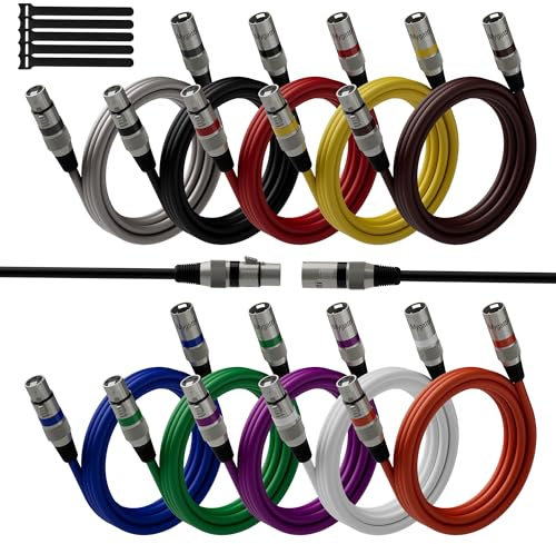 XLR-kabel mikrofonkabel 0,5 m (10-pack, flerfärgad), kontakt till hona, 3-polig avskärmad balanserad patchkabel, med EMI och RFI-avtryckning, kompatibel med förstärkare, högtalare + 5 buntband