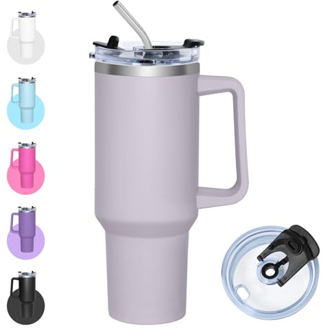 Zyntrix Mug Isotherme avec Paille, 1200ml Gourde Isotherme avec Couvercle Multifonction, Tasse en Acier Inoxydable, Gobelet Café à Emporter avec Poignée, Thermo Tumbler (Lilas)