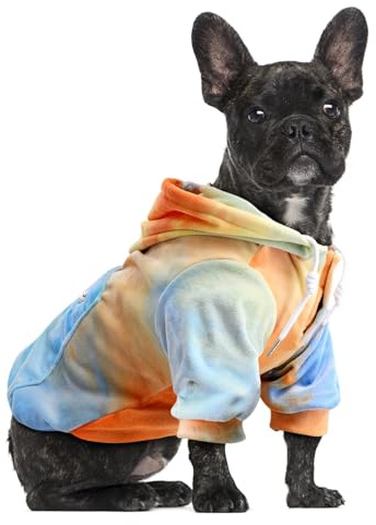 Eyein Hundehoodie für kleine mittlere und große Hunde, Warmer Flanell Hunde Kapuzenpulli mit Taschen und Leine Portal, Weiche Hundebekleidung für Frühling Herbst Winter (Orange-Blau Tie Dye, L)