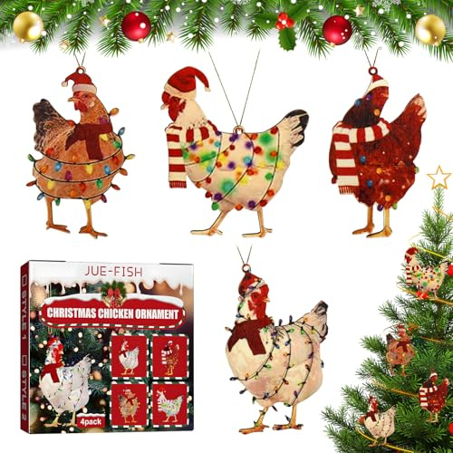 4 Stück Holz Weihnachtsanhänger Huhn,Christbaumschmuck Huhn,Weihnachtsbaumschmuck Huhn,Holz Hühner Weihnachtsanhänger Set,Hahn Weihnachtsschmuck Anhänger Deko,Weihnachtsbaum Anhänger