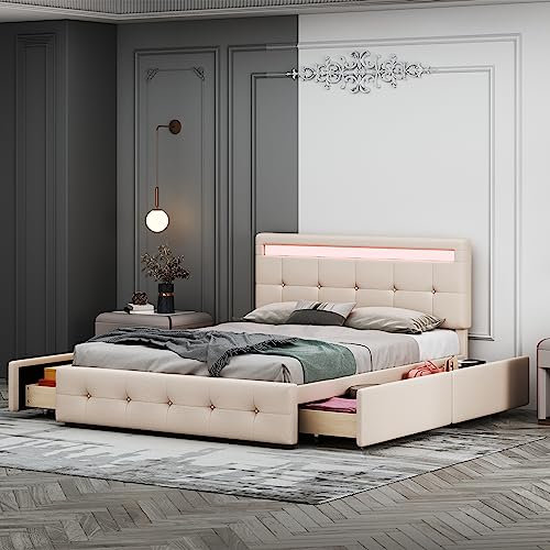 MURUL Polsterbett 140x200cm mit LED, Lattenrost & Bettkasten auf Rollen, hautfreudliches Leinen-Oberfläche Kinderbett Jugendbett Gästebett,Einzelbett mit Kopfteil & 4 Schubladen (beige)