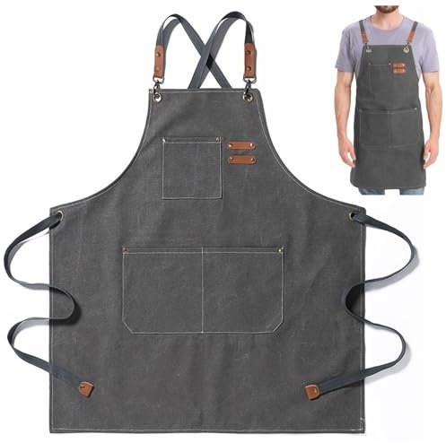 SidMing Apron Men's/Women's Work Apron, Canvas Apron, Multiple Tool Pockets, BBQ Apron, Cooking Apron, Welding Apron, Carpenter's Apron, gray, Neu
