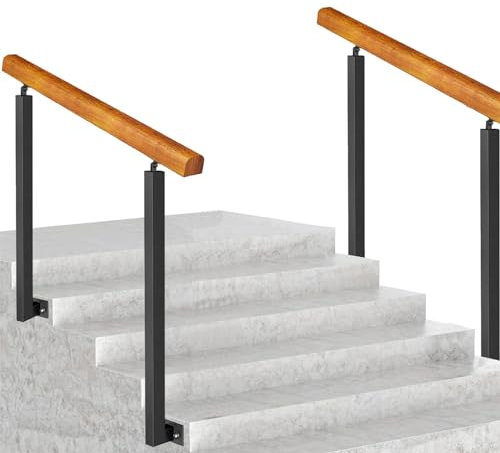 Scala in legno massello per interni ed esterni, antiscivolo, con pali in ferro battuto galvanizzato nero, montaggio laterale, confezione da 2, 95 cm, altezza 110 cm