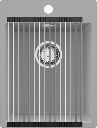 PRIMAGRAN Evier Cuisine en Granit au Meuble 40cm + Kit de Vidage, 38x50cm | Set: Kit de Vidage (Siphon, bonde d’évacuation, trop-plein) + Égouttoir Enroulable + Lavabo 1 Bac - Riga, Gris
