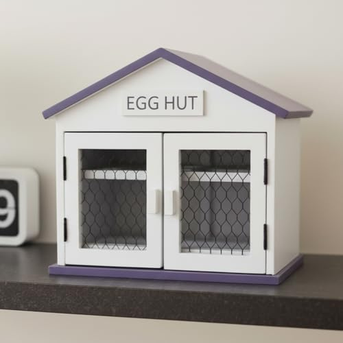 White and Lilac Wooden Egg Hut House Storage Box, Countertop 16 Egg Basket Organiser