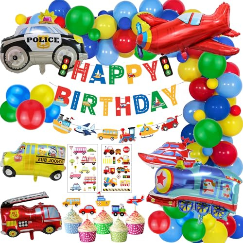 Tema de Tráfico Decoración de Fiesta，Transporte Adornos para Tartas para Cumpleaños, Tren Coche de Policía Yate Camión de Bomberos，Fiesta Cumpleaños Niños