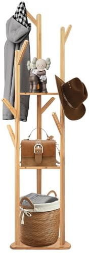 WODFARR Garderobenständer aus Bambus, Eingangsmöbel, Kleiderständer, für Kleidung, Hüte, Taschen, Aufbewahrung mit Stange zum Aufhängen mehrarmig, für Wohnzimmer, Schlafzimmer, 155 x 36 x 36 cm