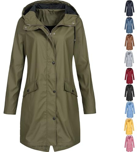 Angxiwan Waterproof Jacket Women with Pockets Lightweight Full Zipper Long Rain Coats Drawstring Plus Size Hooded Jackets Outdoor Windbreaker Camping Hiking Mountain Raincoat
