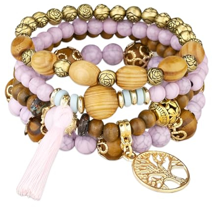 NOPKESV 4 Stück Boho Holzperlen Armband, Boho Armbänder mit Holzperlen und Quaste, Frauen Baum des Lebens Charm Statement Armreifen, Geschenke für Frauen, Armband Geschenk