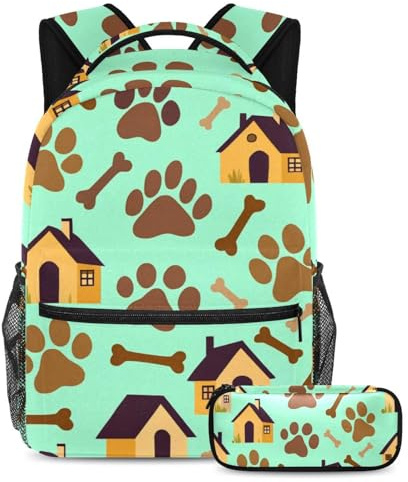 VAPOKF Ensemble sac d'école motif empreintes de pattes dessinées à la main pour adolescentes, filles, garçons, enfants, sac à dos avec trousse à crayons pour l'école primaire, secondaire et lycée