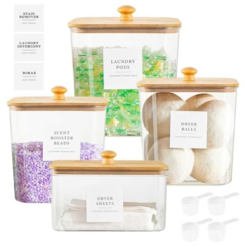 Sowlvenco 3+1 Pack Laundry Pods Container & Dryer Sheet Holder, Acrylic Square Laundry Room Organization and Storage Jars with Wooden Lids & Labels for Powder, Scent Booster, Detergent