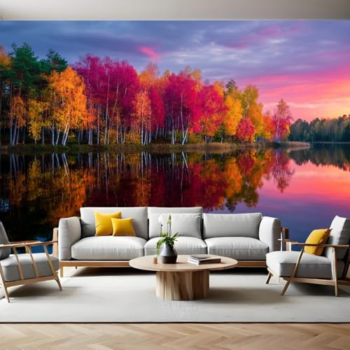 Scena Autunnale Fotomurale da Parete 250 x 175 cm Bosco di betulle in riva al lago Carta da parati TNT Murale 3D Moderna Poster Gigante Design Carta per Pareti Soggiorno Camera de Letto Sala Ufficio