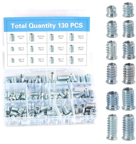 130 Piezas Insertos Rosacados M6 M8 M10, Tuercas para madera, Tuercas Atornillables, Insertos de Acero Galvanizado para Muebles Caja de Almacenamiento,Hexagonal Tuerca en Acero Galvanizado