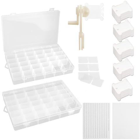 X-BLTU 2 Stück Stickgarn Organizer Kreuzstich Faden Aufbewahrungsbox | 36 Abnehmbare Fächer mit 1 Spulenwickler, 150 Hartplastik Zahnseide Spulen und 2 Aufkleber für DIY Handwerk Basteln Nähen