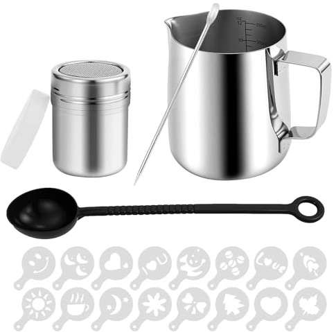 Pichet à lait en acier inoxydable de 350 ml avec indicateur de mesure, accessoires barista, carafe à café crème lait, mousseur à lait en acier inoxydable, stylo à latte, pochoir à cappuccino