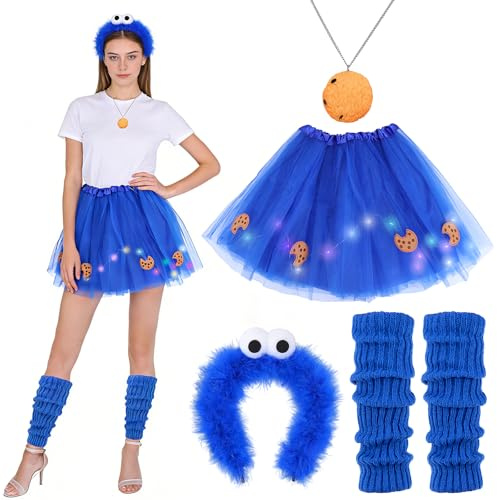 SelfTek Karneval Krümelmonster Kostüm Damen - Faschingskostüme Damen mit Rock Haarreif Halskette Bein Stulpen, Krümelmonster Kostüm Accessories für Karneval Fasching Party Cosplay