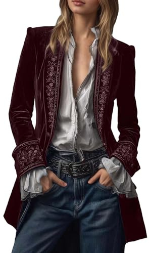 Blazer vintage en velours pour femme - Col en V brodé - Veste longue en velours - Col cranté - Manteaux victorien gothique - Veste de pirate - Manteau long steampunk médiéval, O rouge., XL