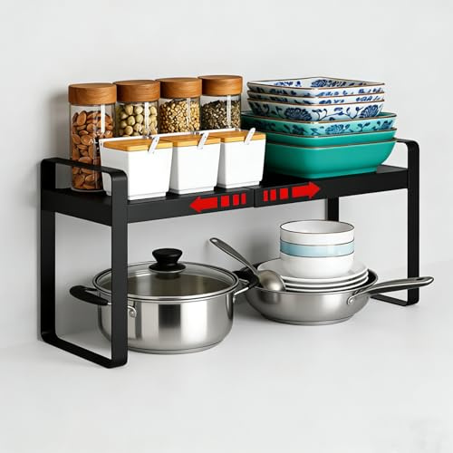 Topnewhome Erweiterbares Regaleinsatz,Metall Küchenschrank Organizer,Küche Schrankeinsatz,für Küche,Bad,Tischplatte,Sideboard Schwarz