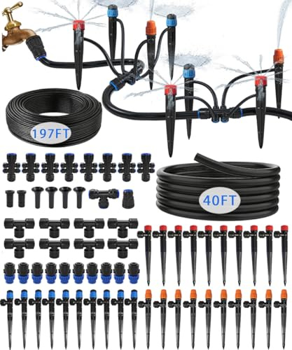 237FT Drip Irrigation System for Garden with 40 Nozzles, Quick-Connect Irrigation Kit with 1/2 & 1/4 Fast-Lock Tube. for Greenhouse, Raised Garden and Potted Plants (40FT+197 FT)