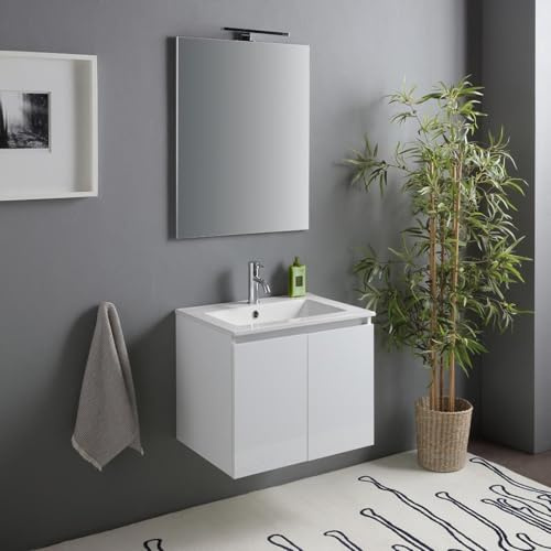 Kiamami Valentina Mobile Bagno Sospeso 60cm Bianco Lucido Benaco con Lavabo | Con specchio 60x80 cm e lampada led, 2 ante, lavabo in ceramica, già assemblato, arredo bagno moderno