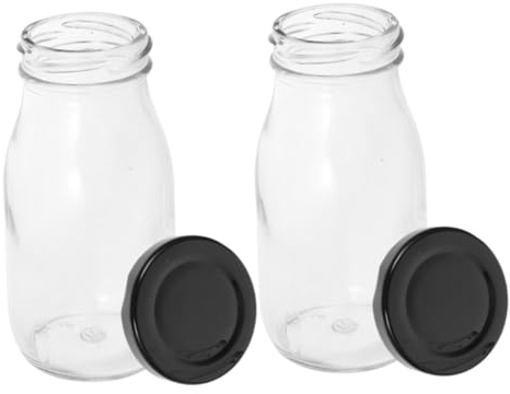 Ipetboom Botellas de Vidrio para Leche y Yogur Bebible, 2 Piezas de 200 Ml con Tapa Metálica Hermética, Envases Reutilizables Transparentes para Jugos y Bebidas, para Almacenamiento