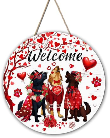 VARACL Wooden Valentine’s Day Decorations, Valentine Dogs Door Wreaths For Front Door Outside Porch Window Wall Sign Hanging Decor, Valentine's Day Welcome Signs For Home Office Rustic Decor