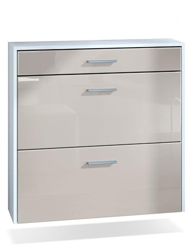InnoFurn hängender Schuhschrank Roma Air Schmal mit 2 Klappen und 1 Schublade, Platzsparender Schuhkipper Flurschrank für Diele Flur Garderobe, Weiß matt/Sandgrau Hochglanz (89 x 87 x 23 cm)