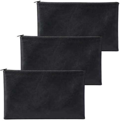 GSGFUIS 3 Stück Banktaschen aus Kunstleder mit Reißverschluss Business Haushalt Schule Geldtasche Dokumententasche für A5 Dokumente und Geldscheine Aufbewahrung(Schwarz)