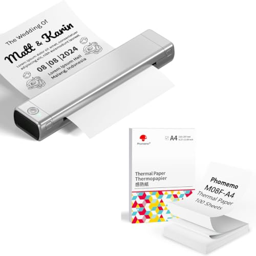 Phomemo M08F A4 Tragbarer Drucker Silber Schwarz mit 100 Blatt Gefaltetem A4 Thermopapier, kabelloser Bluetooth Mobildrucker für Reisen, Auto, Büro und Zuhause