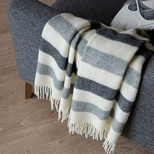 Linen & Cotton Striped Wool Throw/Blanket Malmo - 100% Pure New Zealand Wool, Anthracite/Grey/White (140 x 200cm) Travel/Warm Plaid for Sofa Bed Couch Settee Bedspread Single Double Lambswool