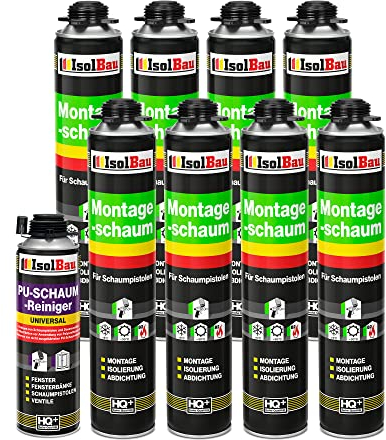Isolbau Bauschaum-Set - Inkl. 8 x 1K Montageschaum B2 Pistolenschaum mit hervorragender Schall und Wärmedämmung (je 750 ml) & 1 x PU-Schaum-Reiniger (500 ml), Dämmen